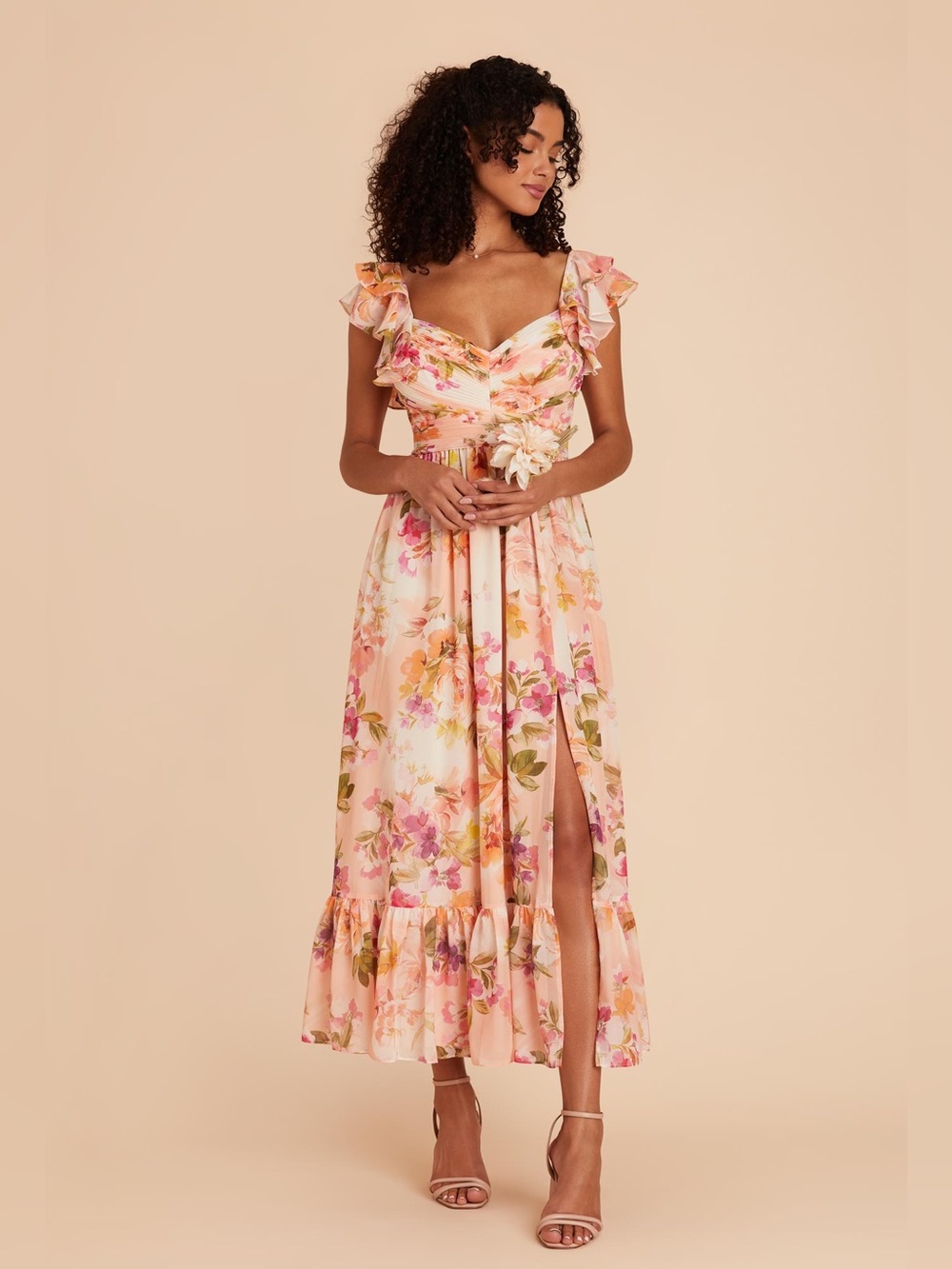 Birdy Grey Michelle Chiffon Floral Bridesmaid Dress 1X Coral Peonies NWT NEW